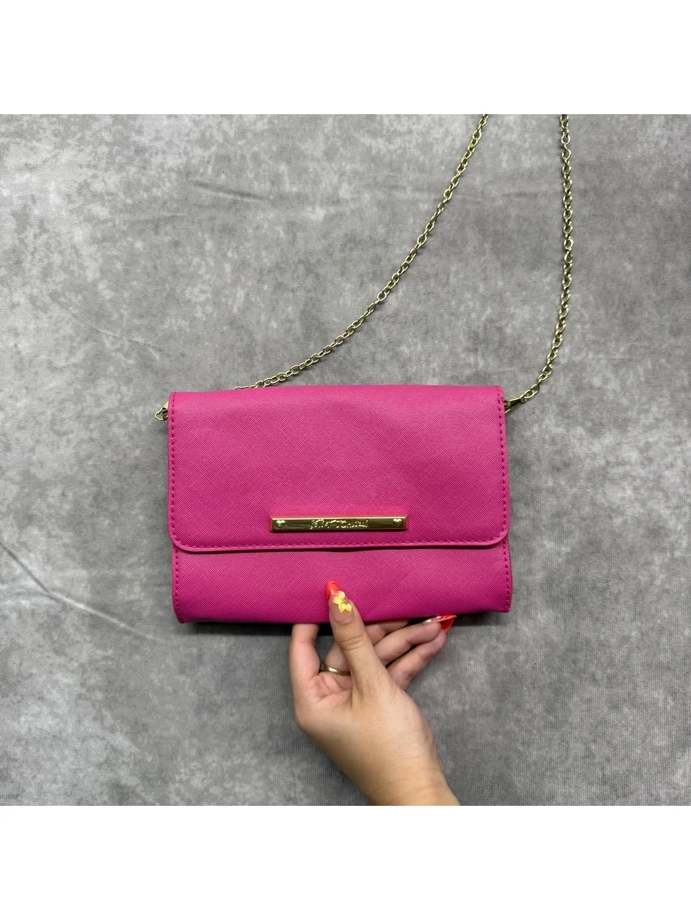 Betsey Johnson Hot Pink Saffiano Leather Flap Chain Strap Crossbody Bag